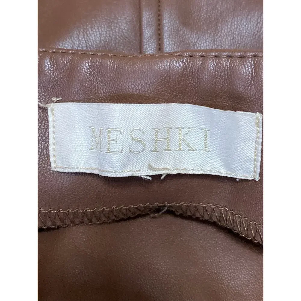 Meshki Women's Brown Fleece Lined High Rise Faux Leather Vegan Mini Shorts Sz M